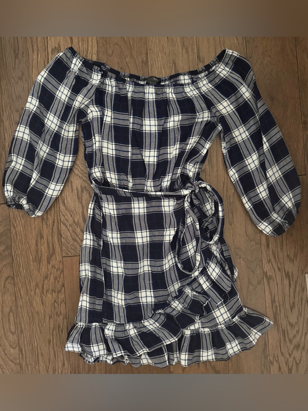 Aqua Navy and White One-Shoulder Plaid Dress